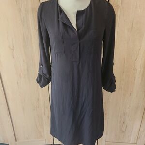Atmosphere Black Roll Tab Sleeve Shift Dress Split Neck Chest Pockets Size 6